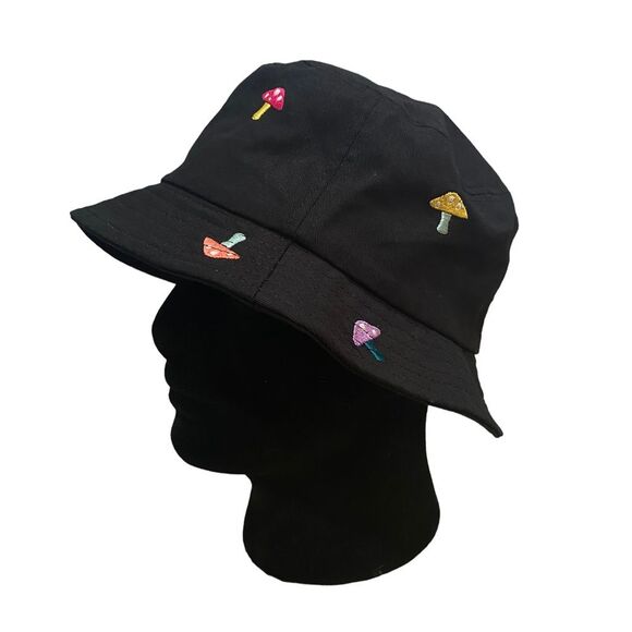 A-LAB Black Cotton Whimsical Embroidered Mushrooms Bucket Hat Unisex - Picture 4 of 12